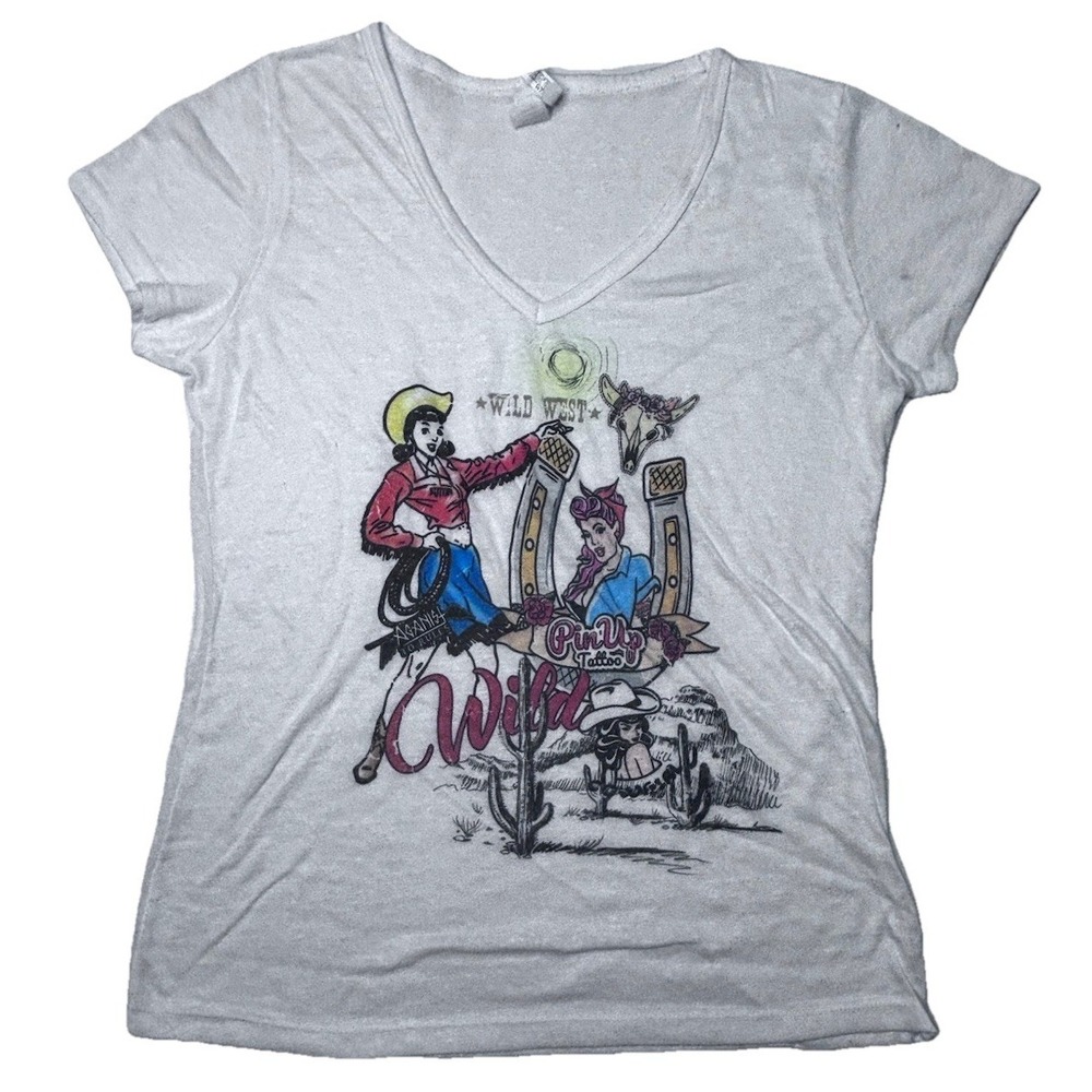 Liberty Wear USA Womens XL Western Cowgirl Pin Up Graphic Tee Wild West V